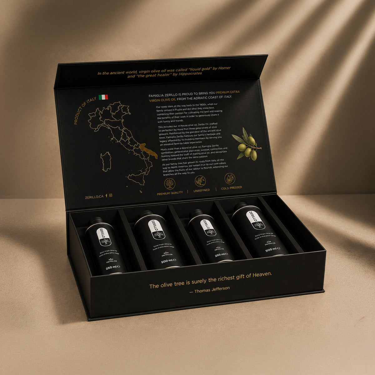 Zerillo Premium Extra Virgin Olive Oil (Mix Pack of 4) Custom Gift Box